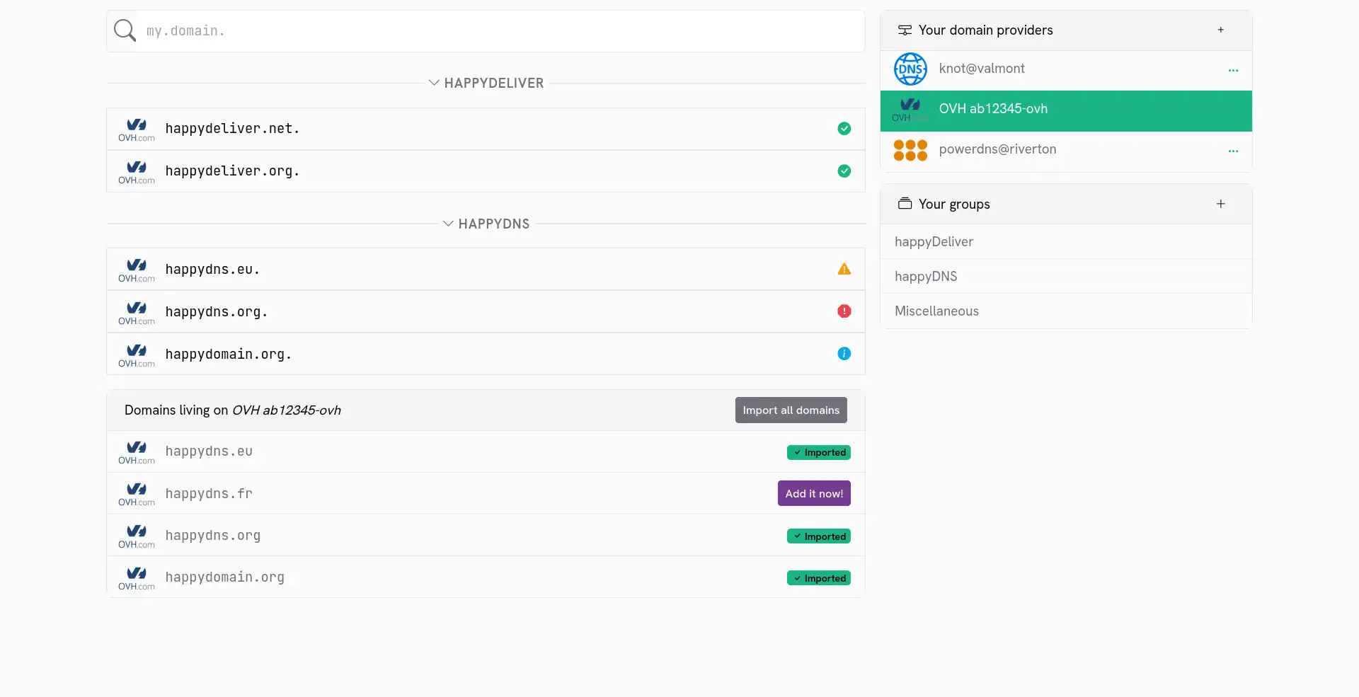List of your domains in HappyDomain